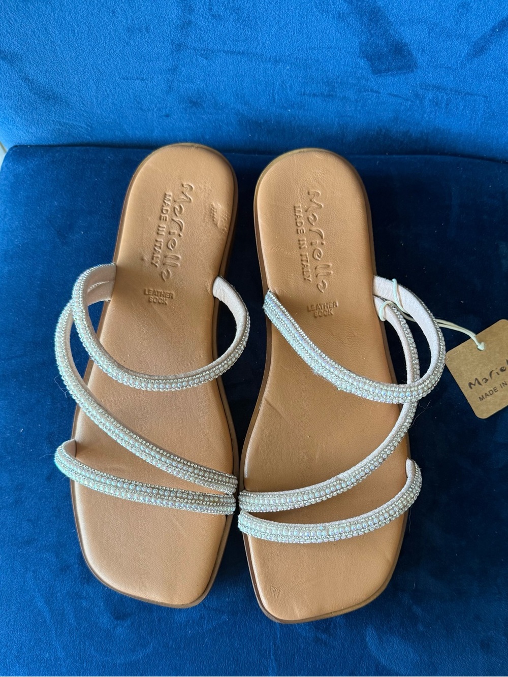 MARELLA Tan Leather Slide Sandals with Crystal-Embellished Straps